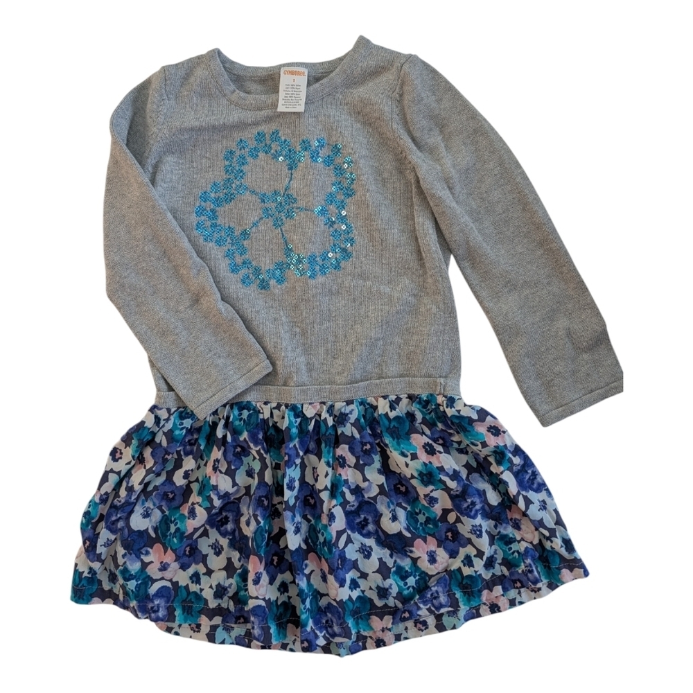Gymboree Girls Gray Sweater Dress with Blue Floral Skirt Size 5